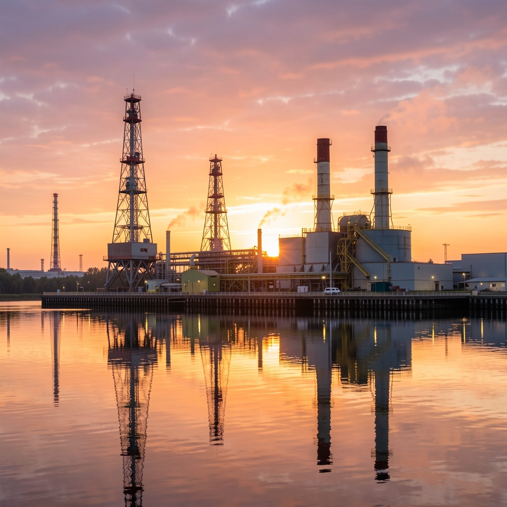 Нефтяные вышки и перерабатывающий завод на закате с отражением в воде, символизирующие энергетические рынки и цены на нефть